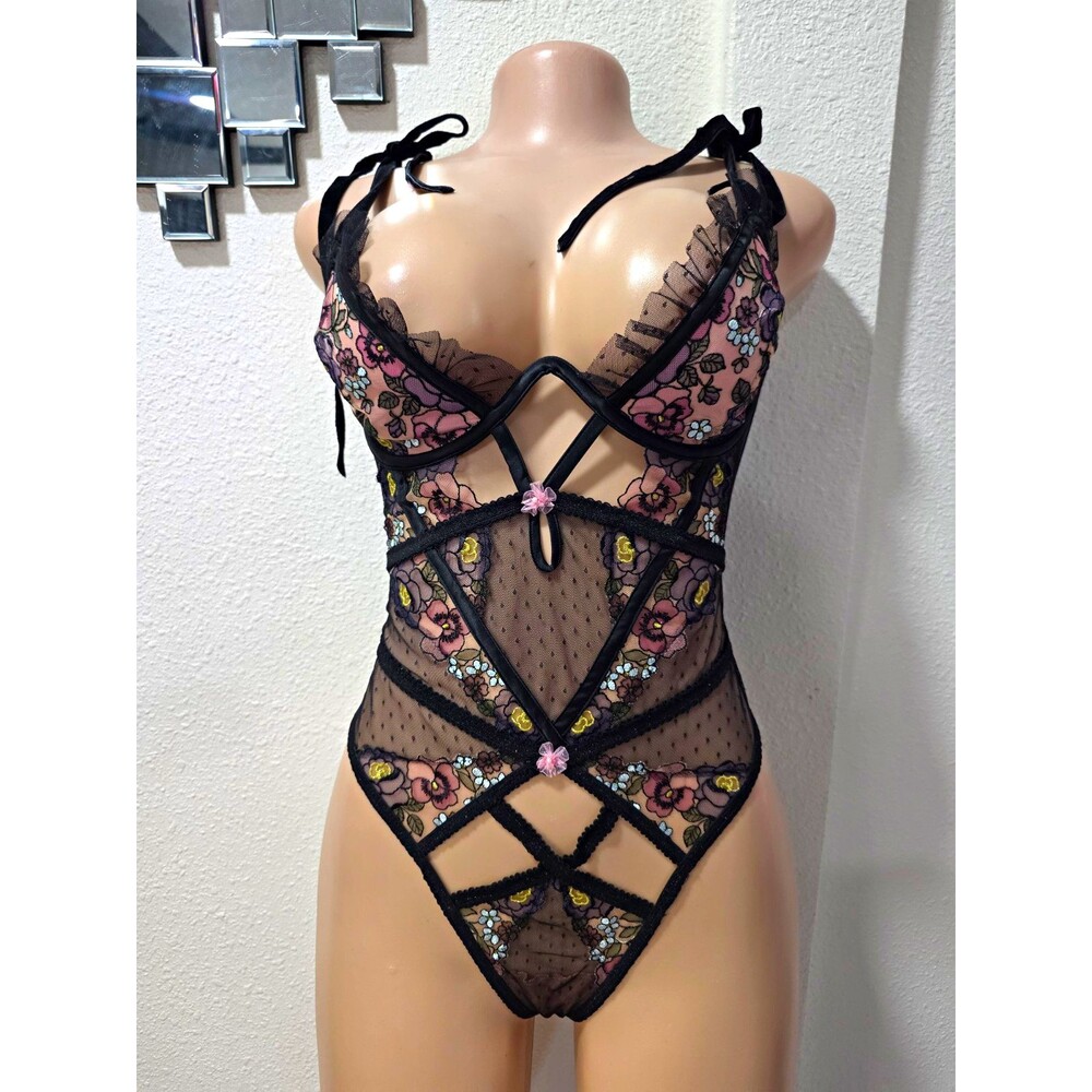 For Love & Lemons Black Sheer Mesh Floral Embroidered Underwired Bodysuit S DD